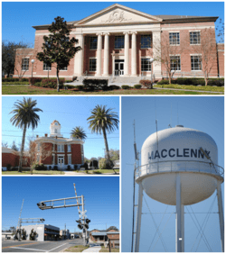 Top, left to right: Baker County Courthouse, Old Baker County Courthouse, railroad crossing in the historic district, water tower