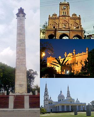 Clockwise from Top: Martyr Memorial, Meerut Clock Tower, Mustafa Castle, Basilica of Our Lady of Graces
