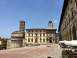 Piazza Grande; from left: Santa Maria della Pieve, the old Tribunal Palace and the Lay Fraternity