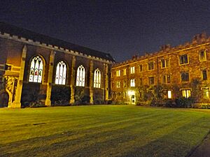 Queens College Cambridge chapel walnut tree court night