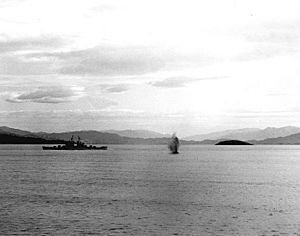 USS Manchester (CL-83) engaging enemy shore batteries at Wonsan, 1953