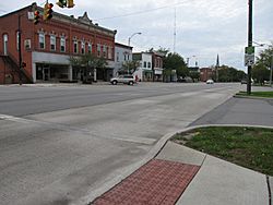 Main Street runs concurrently with U.S. Route 20 and State Route 105 in downtown Woodville