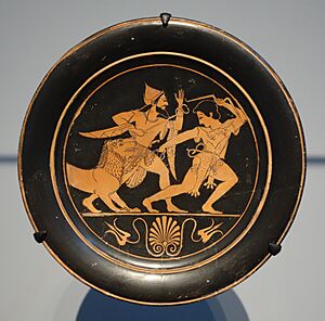 Attic red-figure plate with Heracles and Cerberus (Boston MFA 01.8025)