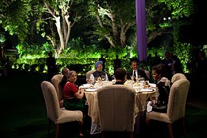 Barack and Michelle Obama attend a dinner hosted by Manmohan Singh and Mrs. Gursharan Kaur at the Prime Ministers residence in New Delhi, Nov. 7, 2010