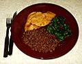 Bhutanese red rice with chicken and spinach
