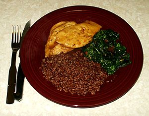 Bhutanese red rice with chicken and spinach