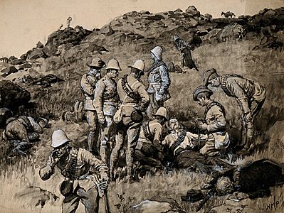 Boer War- British soldiers tending the wounded Boers after a battle at Potgieter's Drift. Watercolour by H.M. Paget, 1900. By courtesy of Wellcome Collection