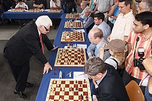 Chess in Pictures - Viktor Korchnoi, Anatoly Karpov, Tigran Petrosian and  Lev Polugaevsky at the closing ceremony of the 41st USSR Chess  Championship. Boris Spassky won the tournament 11½/17. Moscow, USSR 1973. (