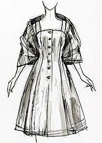 A sketch of a dress being worn, with buttons on the front and elbow length sleeves.