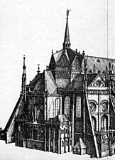 Figure 3 la tour de croisée en forme de mitre, dessin de la cathédrale en 1671, détail