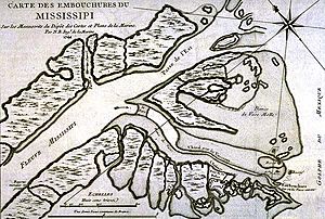 1744 French map of the Mississippi Delta East Pass, showing Fort de la Balize on the lower right