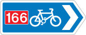 Rectangular, blue traffic sign with a white bicycle symbol and a red square with the number 166 in it.