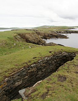 Northern part of the Ness looking inland towards Scatness.  The structure in the foreground is part of the Ness of Burgi fort