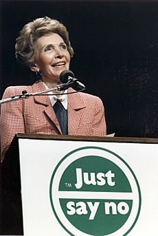 Photograph of Mrs. Reagan speaking at a "Just Say No" Rally in Los Angeles - NARA - 198584
