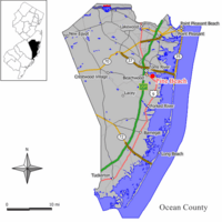 Map of Pine Beach in Ocean County. Inset: Location of Ocean County highlighted in the State of New Jersey.