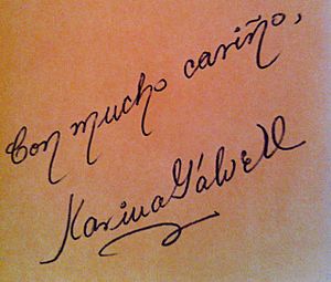 Poet Karina Galvez' signature and dedication - Firma y dedicatoria de poeta Karina Galvez