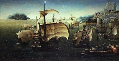 Portuguese Carracks off a Rocky Coast