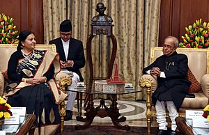 The President of Nepal, Ms. Bidya Devi Bhandari meeting the President, Shri Pranab Mukherjee, at Rashtrapati Bhavan, in New Delhi on April 18, 2017