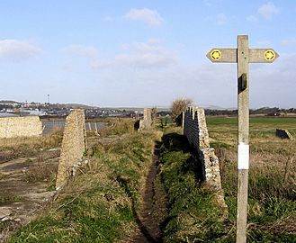 A photograph of the Vanguard Way footpath from Tide Mills Village towards Newhaven. The path runs through the ruins of Tide Mills Village.