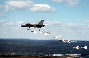 A 509th Bombardment Wing FB-111A aircraft drops Mark 82 high drag practice bombs along a coastline during a training exercise DF-ST-91-02468