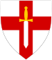 A white crusader sword, point down and with a golden hilt, on top of the red cross of St George. The entire emblem is within a white shield.