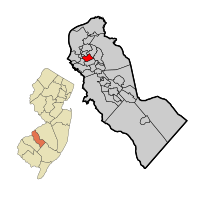 Audubon highlighted in Camden County. Inset: Location of Camden County highlighted in the State of New Jersey.