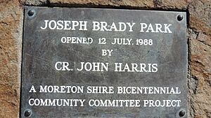 Commemorative plaque for the opening of Joseph Brady Park in 1988, Barellan Point, 2021 (close up)