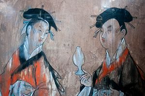 Dahuting tomb mural detail of women wearing hanfu, Eastern Han period