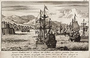 Kapitein Lambart met 6 schepen uit Holland na Algiers gesonden - Dutch captain Lambert throws prisoners into the sea before Algiers (Jan Luyken, 1684)