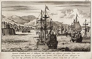 Kapitein Lambart met 6 schepen uit Holland na Algiers gesonden - Dutch captain Lambert throws prisoners into the sea before Algiers (Jan Luyken, 1684)