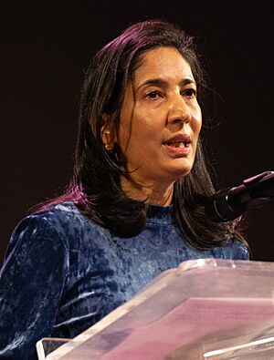 Desai at the 2024 National Book Awards finalist reading, reading on behalf of Salman Rushdie