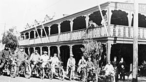Members of the Newcastle Motor Cycle Club outside Eaton's Hotel in Muswellbrook, circa 1918.jpg