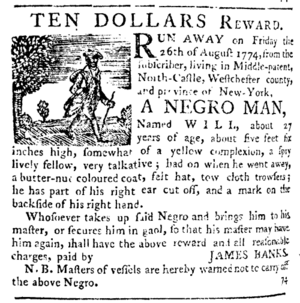 Runaway slave advertisement 9-15-1774-NY