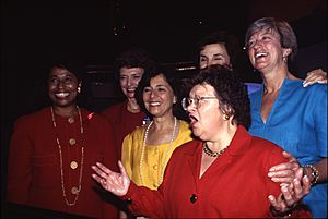 Senator Barbara Mikulski standing with women senatorial candidates (left to right) Carol Moseley-Braun, Barbara Boxer, Senator Patty Murray and others at 1992 Democratic National Convention, Madison Square Garden, New York City