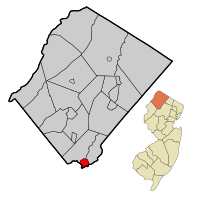 Map of Stanhope in Sussex County. Inset: Location of Sussex County highlighted in the State of New Jersey.