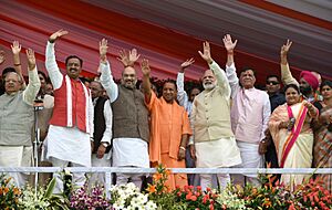 The Prime Minister, Shri Narendra Modi at the swearing-in ceremony of the new government of Uttar Pradesh, at Lucknow (1)