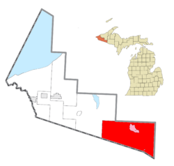 Location within Gogebic County (red) and the administered community of Watersmeet (pink)