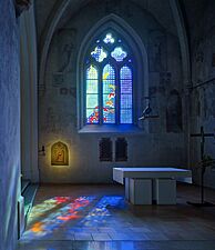 Abbaye de la Fille-Dieu interior - restored sanctuary and modern stained glass of Brian Clarke