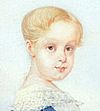 Oil portrait of the Prince Imperial as a blond-haired child in a white frock with lace at the neck and official blue sash