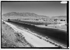 CANAL AT IRON MOUNTAIN WITH ADJACENT SAND FILTERS. - Iron Mountain Pump Plant, South of Danby Lake, north of Routes 62 and 177 junction, Rice, San Bernardino County, CA HAER CAL,36-RICE.V,1-12.tif