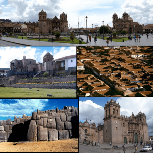 Top: Plaza de Armas, Middle left: Qurikancha, Middle right: Aerial view of Cusco, Bottom left: Saksaywaman, Bottom right: Cathedral of Cusco