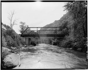 GENERAL VIEW SHOWING BRIDGE IN ITS ENVIRONMENTAL SETTING, LOOKING EAST - Fairmont Bridge, Spanning Ogden River in Ogden Canyon, Ogden, Weber County, UT HAER UTAH,29-OGCA,1-2