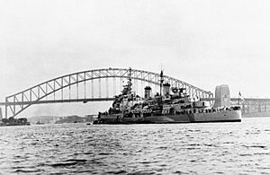 HMS BELFAST at anchor in Sydney harbour, August 1945. ABS694