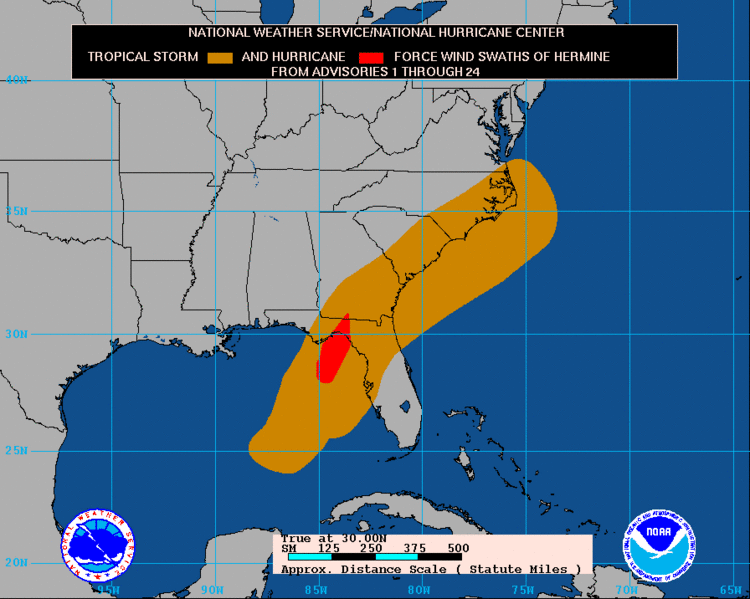 Hurricane Hermine wind history as a tropical cyclone