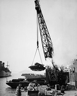 Loading of USMC tanks at Naval Suppy Center Oakland 1950.jpg