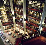 Interior view of the mezzanine from several storeys above the first floor, at the Thomas Fisdher Rare Book Library