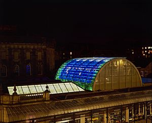 Nocturnal view of the Cavendish Arcade's stained glass by Brian Clarke at Buxton Thermal Baths