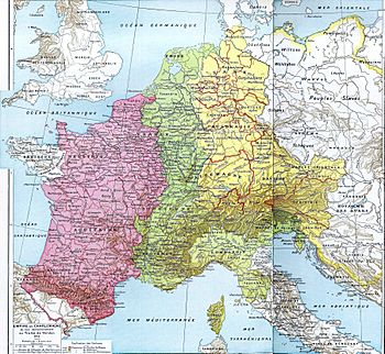 Kingdom of the West Franks (red) in 843.