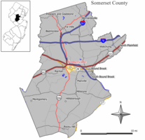 Map highlighting Somerville's location within Somerset County. Inset: Somerset County's location within New Jersey