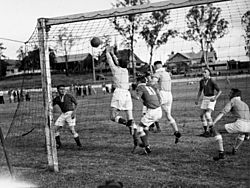 StateLibQld 1 194039 Shot for goal during a soccer match in Brisbane, ca. 1937